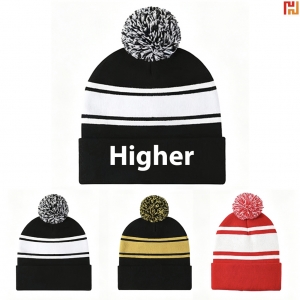 Winter Striped Knit Beanie with Top-Hi-Jinny1001